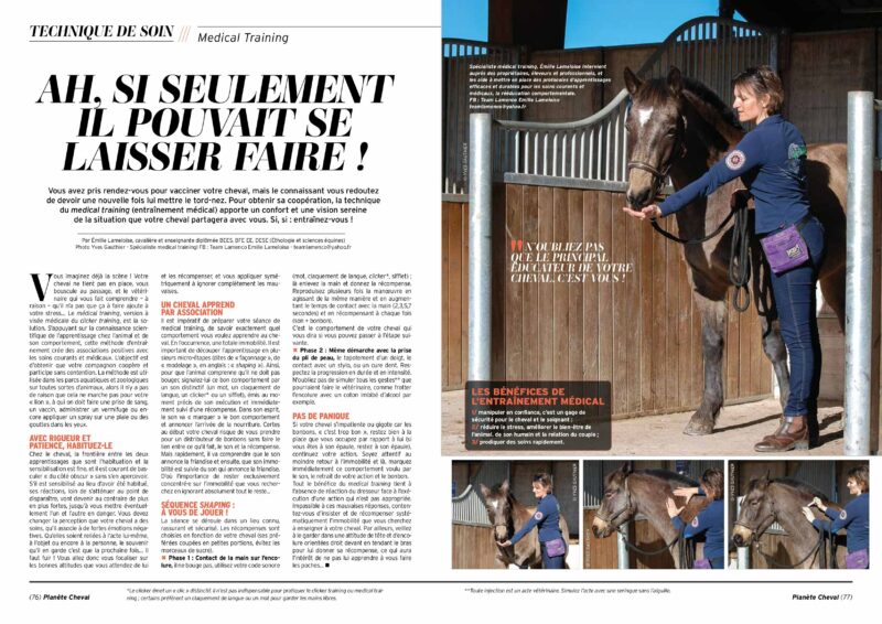 Article de presse medical training cheval, Emilie Lameloise